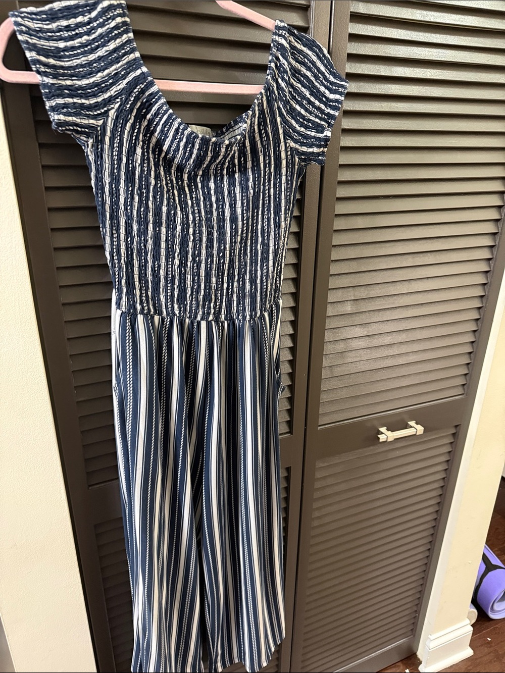 Justify Navy and White Striped Off-Shoulder Jumpsuit